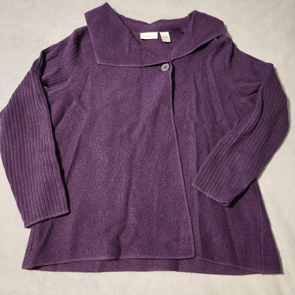 Tweeds Woman 1X 100% Wool Purple Cardigan Jacket Single Button Ribbed...